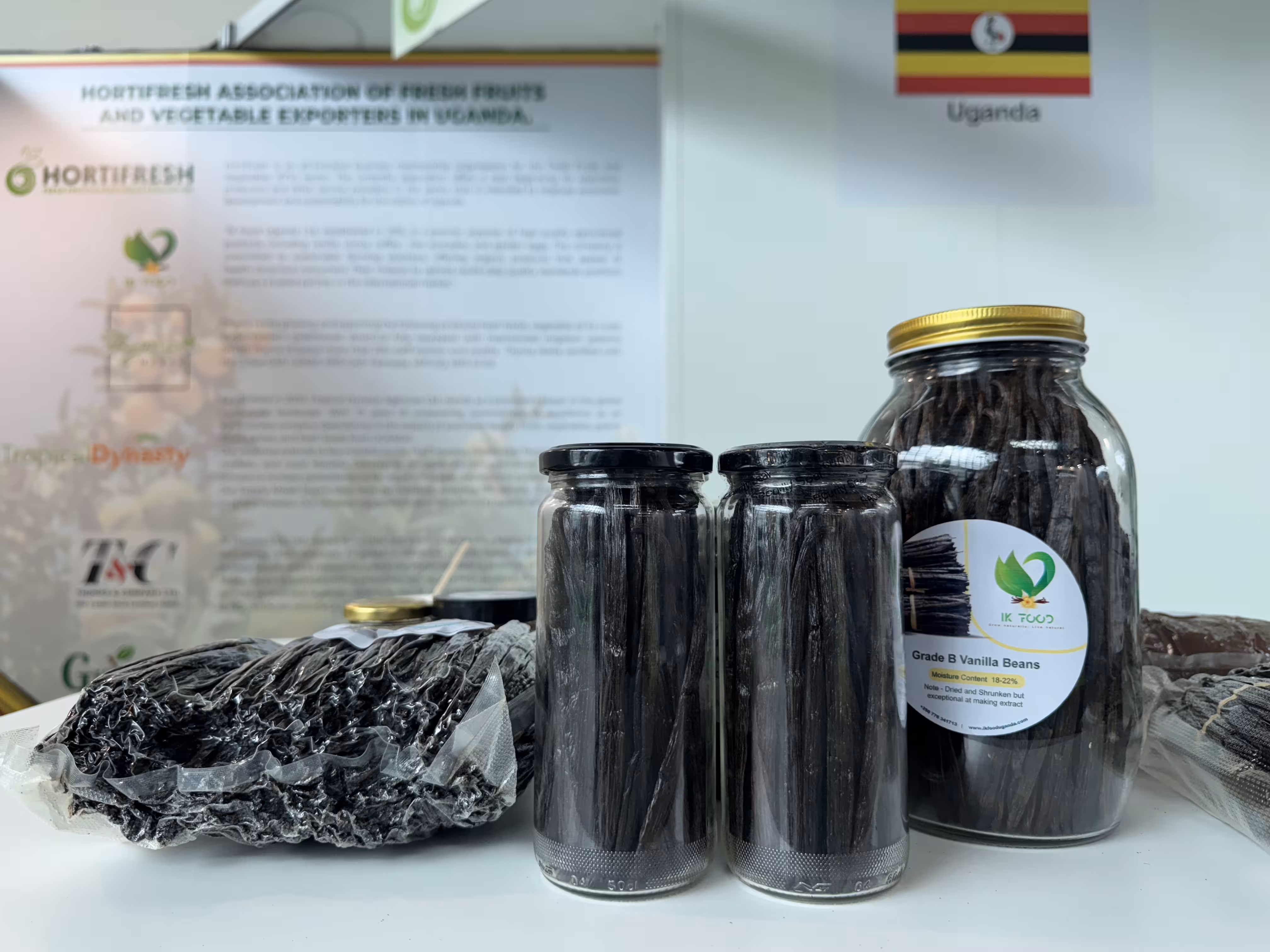 Close-up of premium Ugandan vanilla beans — hand-harvested and sun-cured